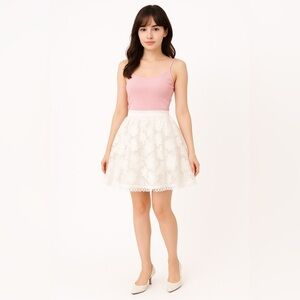 White Mini Circle Skirt, All Over Lace 3D Floral Appliqués Coquette Girl, Small
